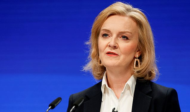 FILE PHOTO: Britain's Foreign Secretary Liz Truss speaks during the annual Conservative Party conference, in Manchester, Britain, October 3, 2021. REUTERS/Phil Noble/File Photo